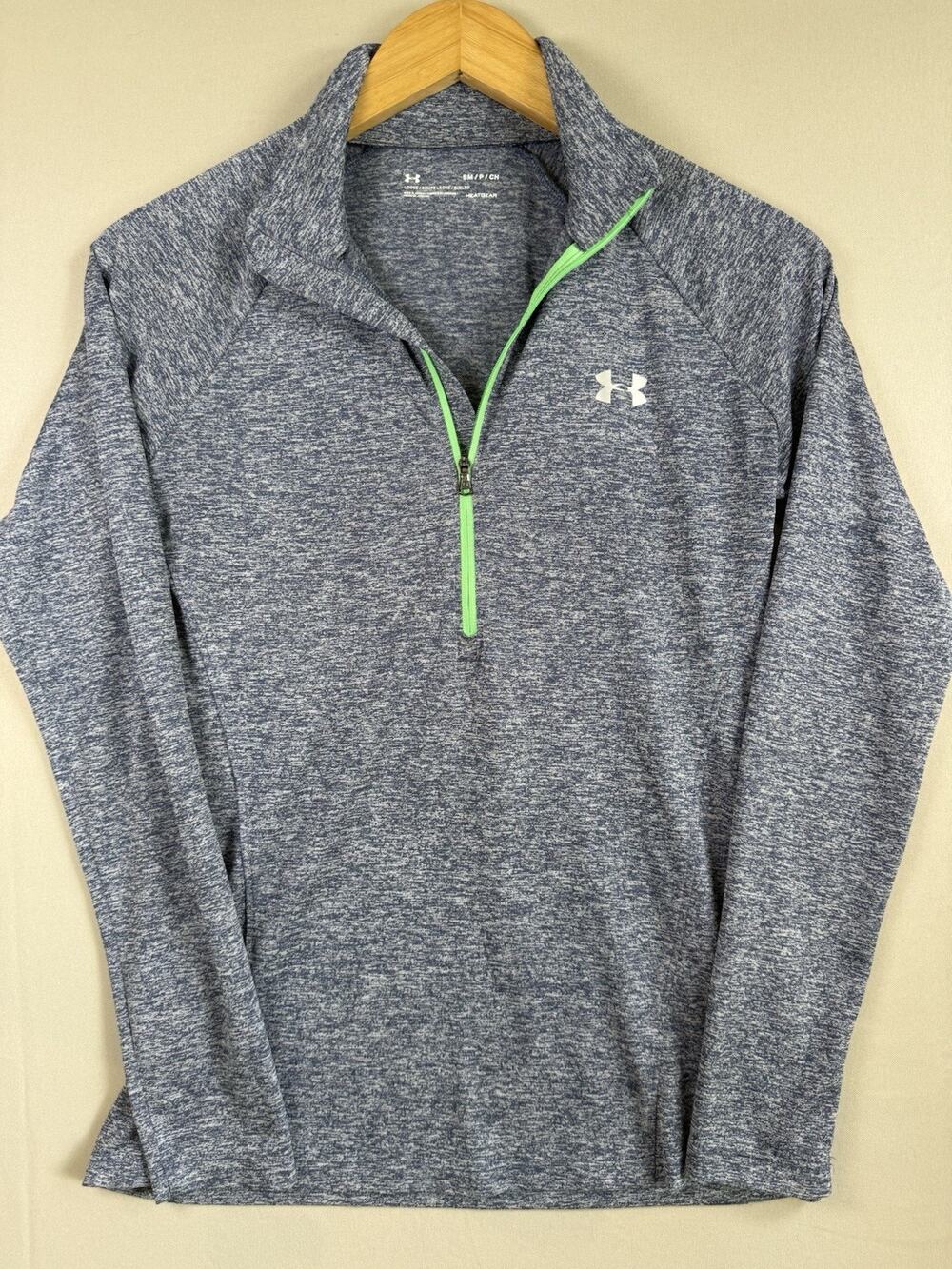 Under Armour HeatGear 1/4 Zip Pullover Womens Small Blue Space Dye Green Trim